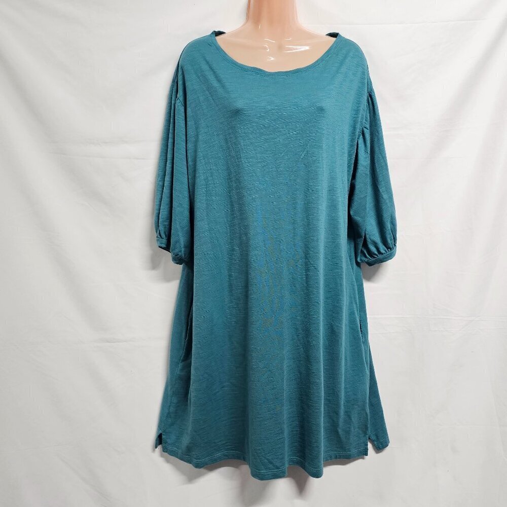 Peruvian Connection Women Short Tunic Dress Size L Teal Scoop Neck Puff Sleeve